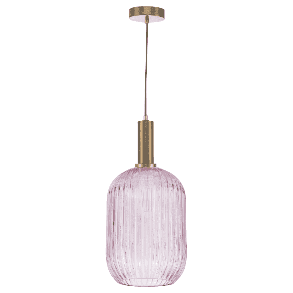 a brass and pink ribbed glass pendant light