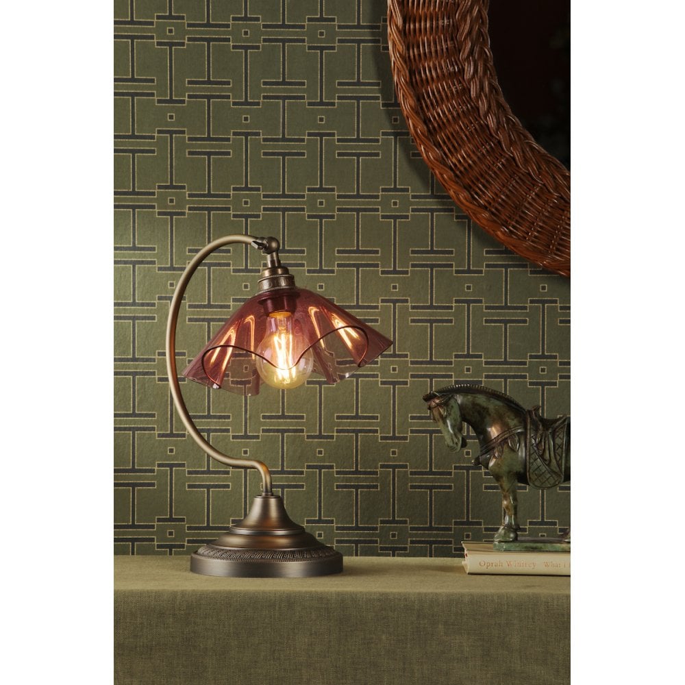 a pretty aged brass vintage inspired table lamp with dainty pink glass fluted shade