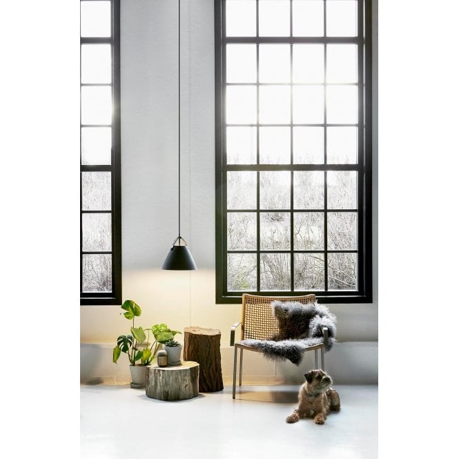 a black domed shaped hanging pendant light that features a leather strap in front of a window with arm chair and dog