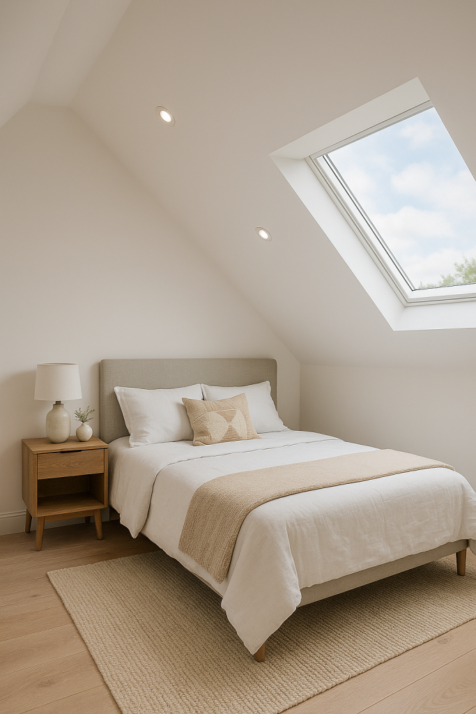 an attic room with a bed and skylight window on a sloped ceiling