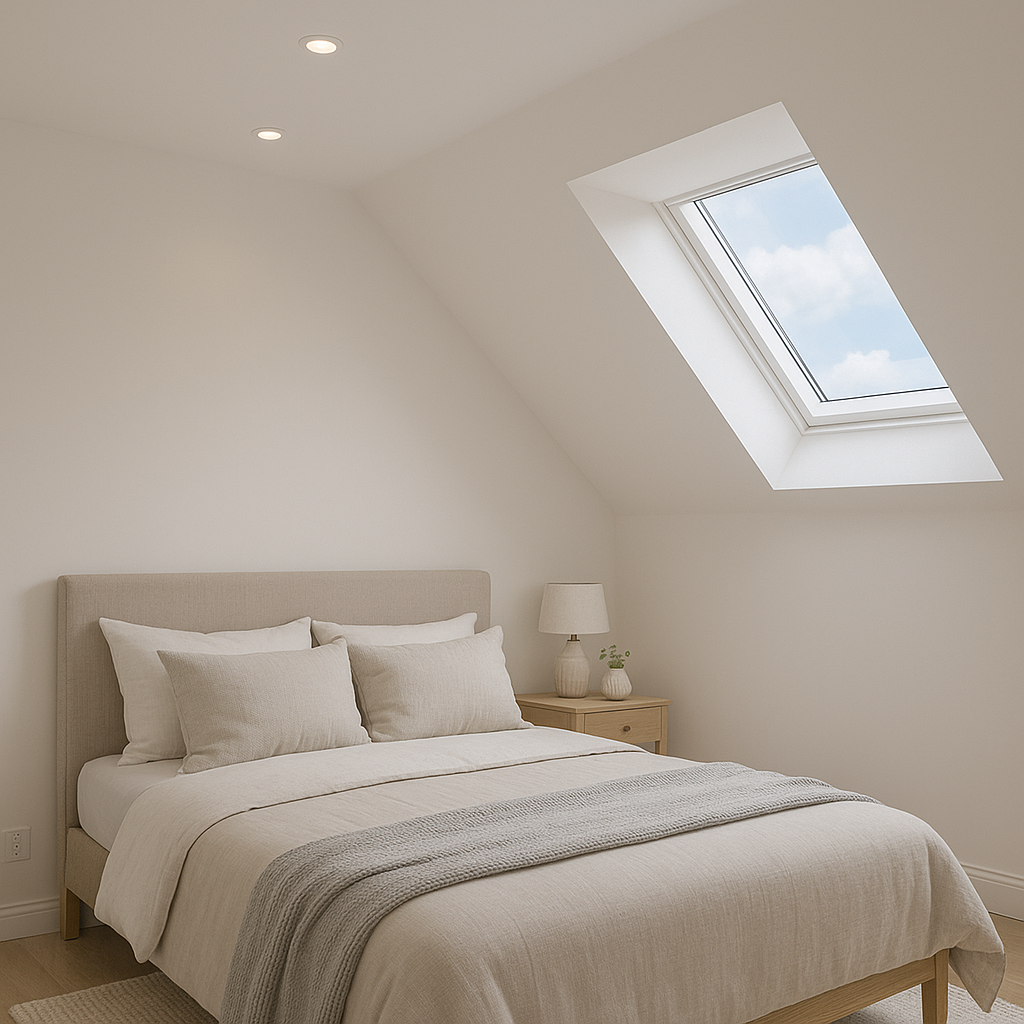 A light and arity loft bedroom with velux window and neutral bed