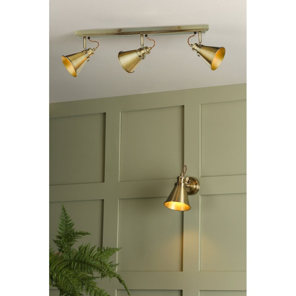 a brass track light and single matching spotlight