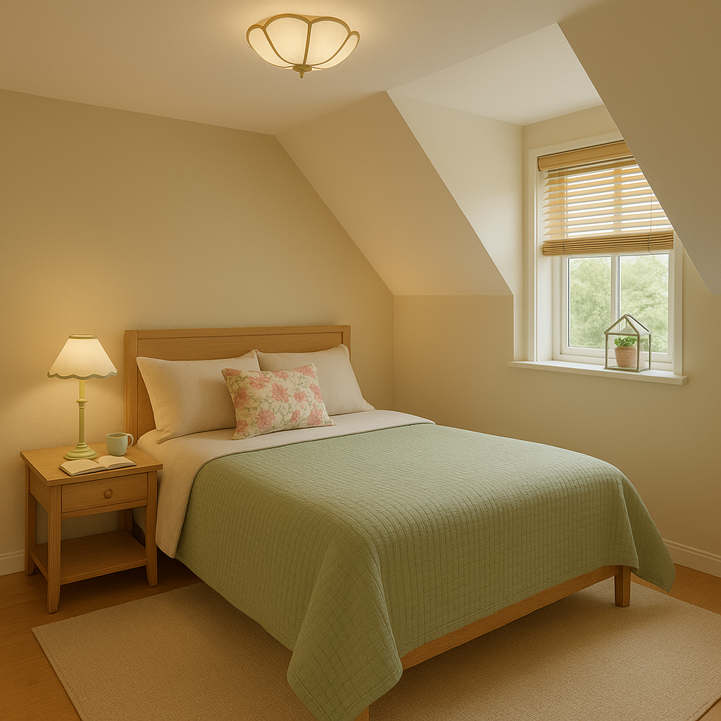 a bedroom with a sloped ceiling and dormer window featuring a bed and bedside table with green lamp