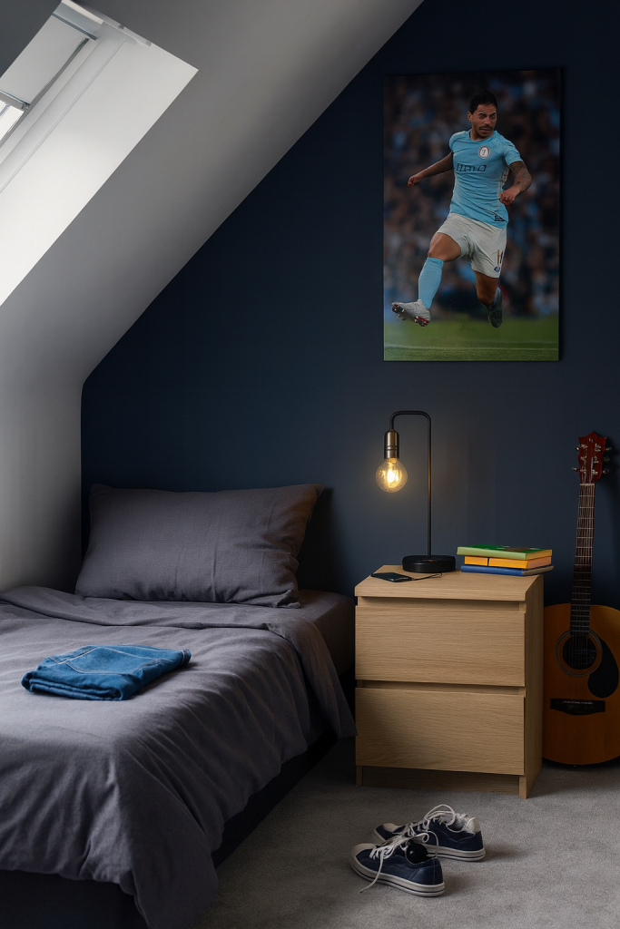 a bedroom with a slop ceiling with a beside table and modern lamp on it