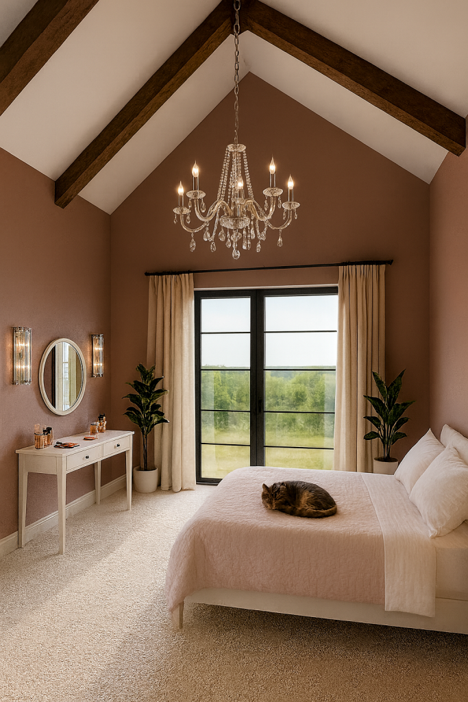 a modern bedroom with high sloped ceilings with a crystal chandelier
