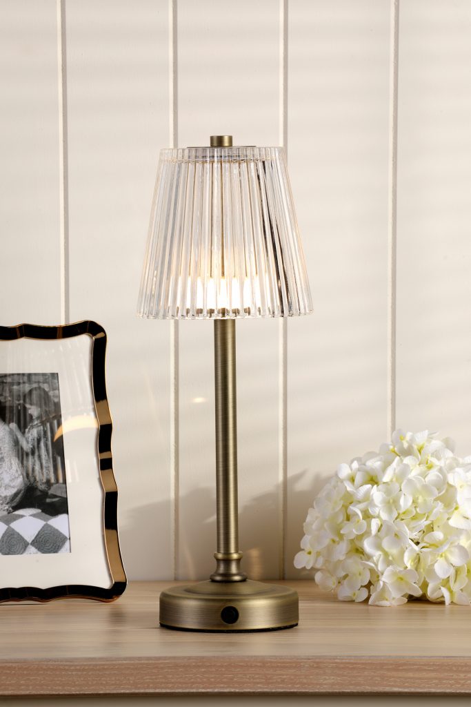 antique brass touch lamp with ribbed glass shade
