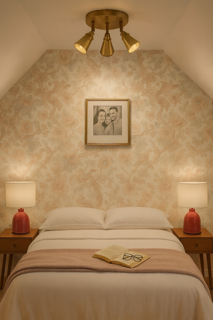 a small bedroom with sloped ceilings that features a bed and two beside lamps and a thee light spotlight