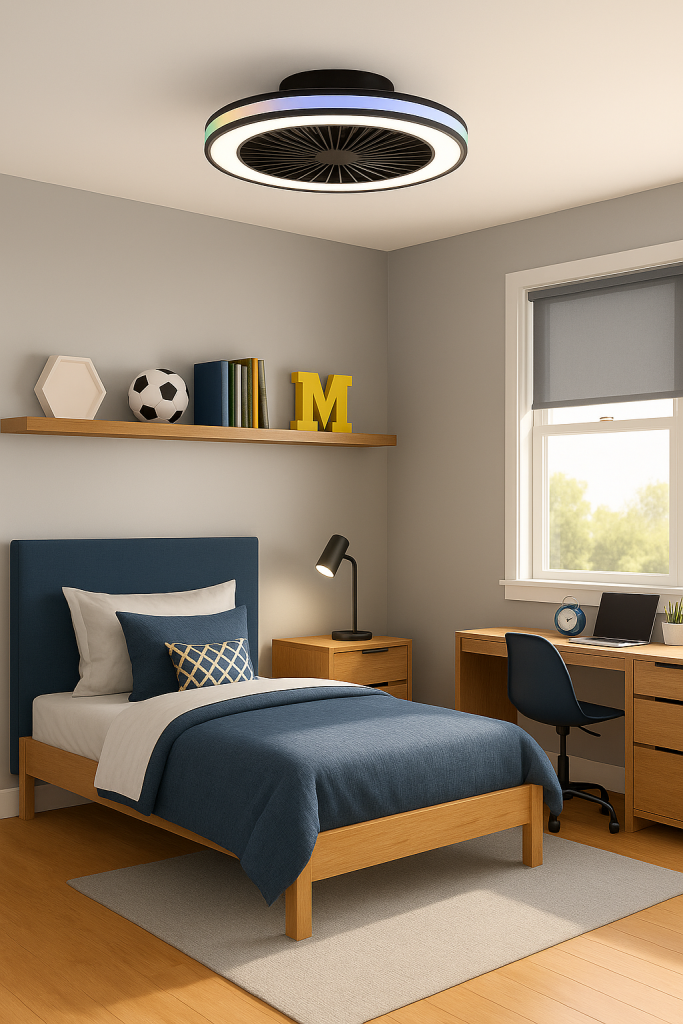 black ceiling fan with colour changing LED light