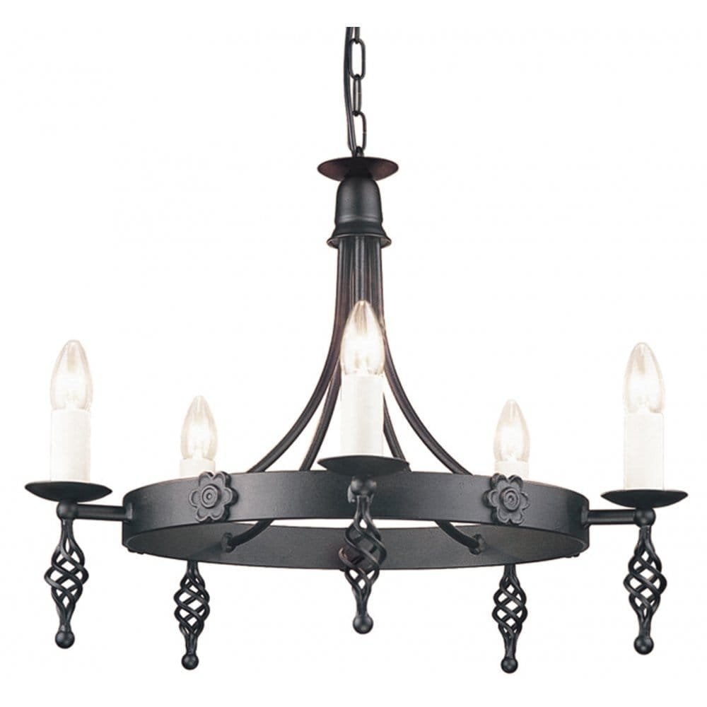 a wrought iron effect round chandelier with decorative metal work suited to medieval or period properties