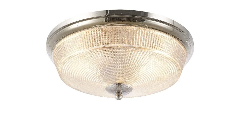 Victorian flush ceiling light in a polished chrome finish with prismatic glass shade