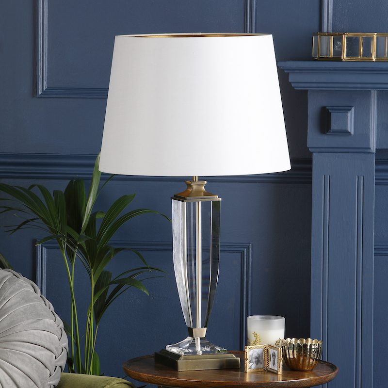 a bold glass table lamp with white shade