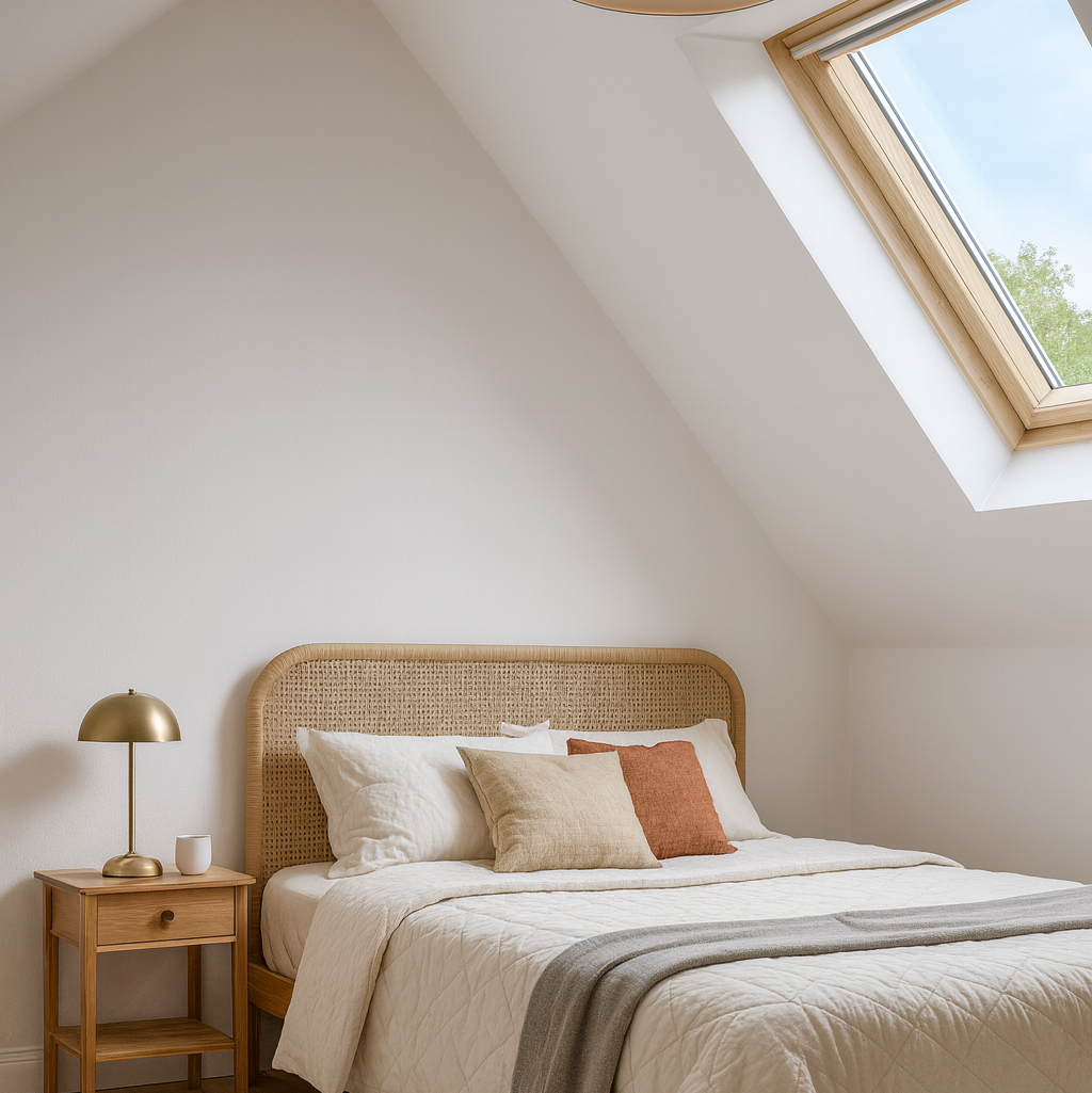 a light an airy loft bedroom with a skylight window