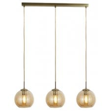 3 Light Ceiling Pendant Bar in Antique Brass with Amber Glass Shades