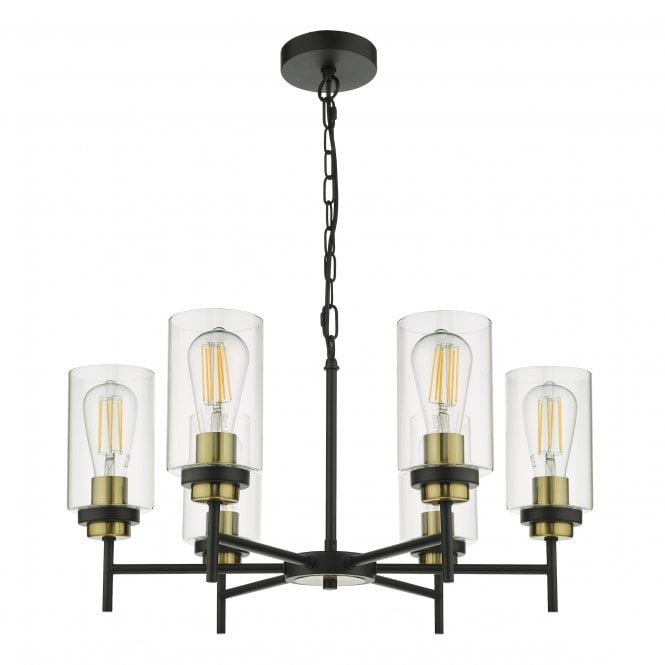 ABEL Ceiling Pendant Satin Black with Brass and 6 Cylinder Clear Glass Shades