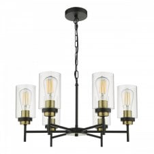 ABEL Ceiling Pendant Satin Black with Brass and 6 Cylinder Clear Glass Shades