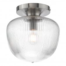 polished nickel flush ceiling light with clear ribbed glass