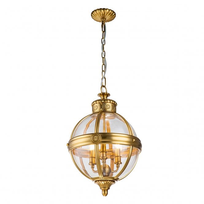 ADAMS 3 Light Globe Chandelier in Brushed Brass with Clear Glass
