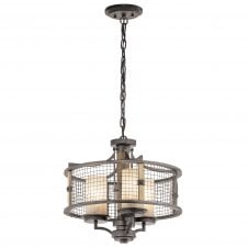 rustic wooden and iron ceiling pendant light with mesh surround shade