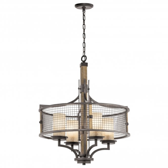 AHRENDALE rustic anvil iron and wood dual mount ceiling pendant with mesh surround (4lt)
