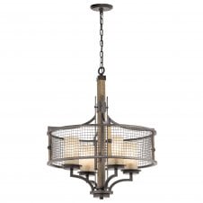 rustic wooden and iron ceiling pendant light with mesh surround shade
