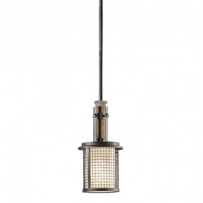 AHRENDALE rustic anvil iron and wood mini ceiling pendant with mesh surround