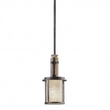 rustic wooden and iron ceiling pendant light with mesh surround shade