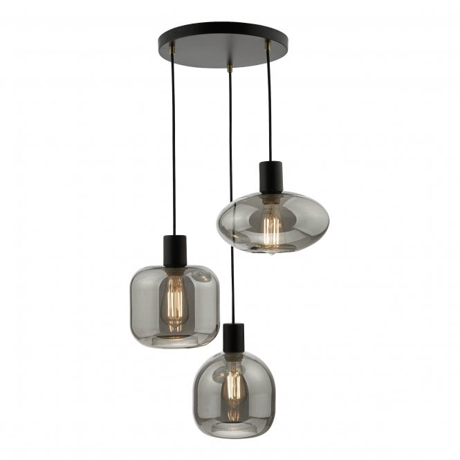 Aiden 3 Light Cluster Ceiling Pendant in Satin Black & Smoked Glass