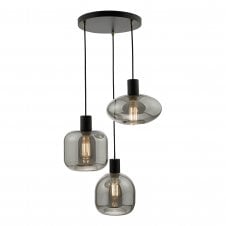 3 Light Cluster Ceiling Pendant in Satin Black & Smoked Glass