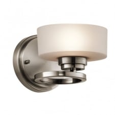 modern geometric design wall light in pewter finish with opal glass shade