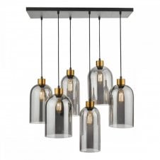 ALMA Ceiling Pendant Bar Matt Black with Smoked Glass Choche Shades 6 Light