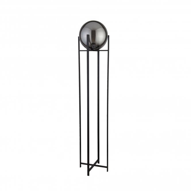 AMSTERDAM 1 Light Matt Black Floor Lamp 4 Leg Base With Round Smokey Glass Shade
