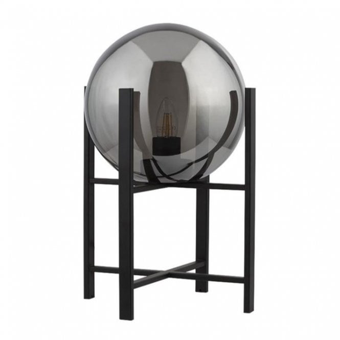 AMSTERDAM 1 Light Matt Black Table Lamp 4 Leg Base With Round Smokey Glass Shade