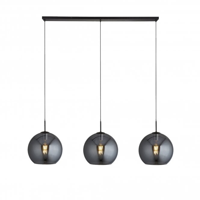 AMSTERDAM 3 Light Matt Black Bar Ceiling Pendant With Black Braided Cable & Round Smokey Glass Shades