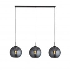 AMSTERDAM 3 Light Matt Black Bar Ceiling Pendant With Black Braided Cable & Round Smokey Glass Shades