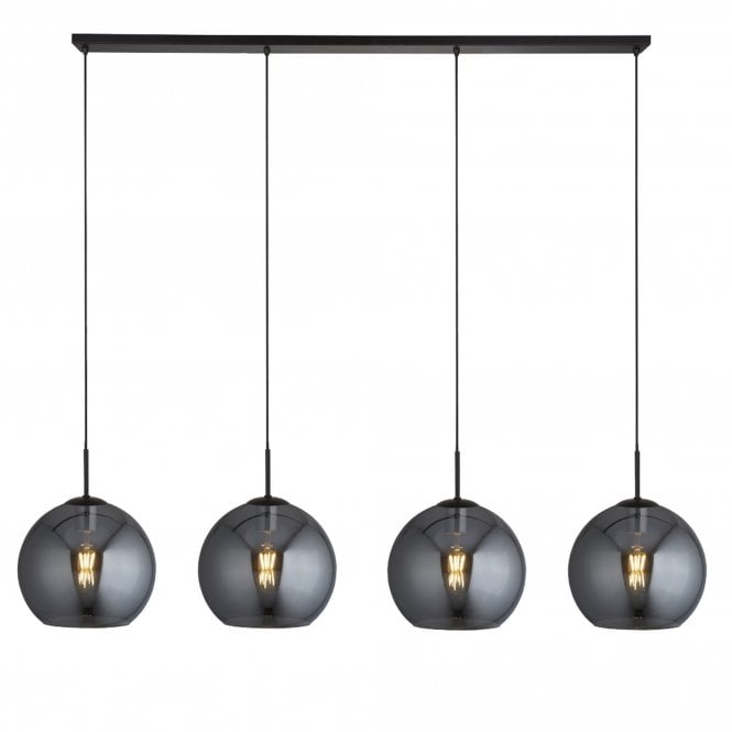 AMSTERDAM 4 Light Matt Black Bar Ceiling Pendant Round Smoked Glass Shades