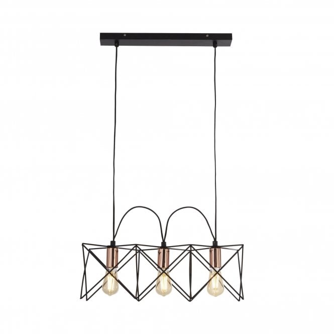 ANTHEA 3 Light Black Frame Ceiling Pendant With Copper Detail