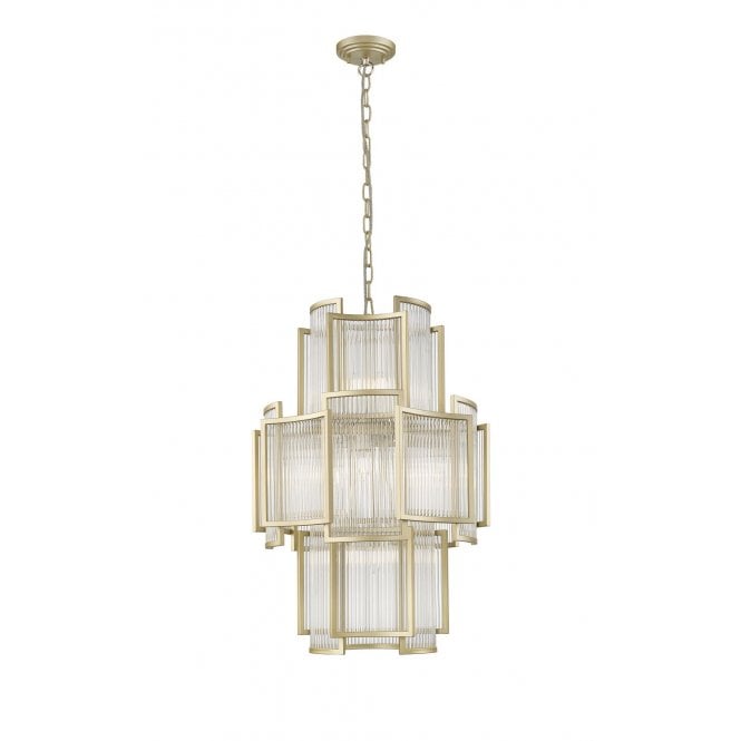 ANTIGUA Art Deco Ribbed Glass 11 Light Ceiling Pendant Matt Gold
