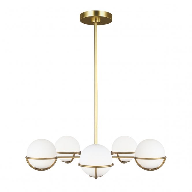 APOLLO 5 light chandelier in burnished brass with opal glass globe shades