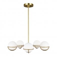 APOLLO 5 light chandelier in burnished brass with opal glass globe shades