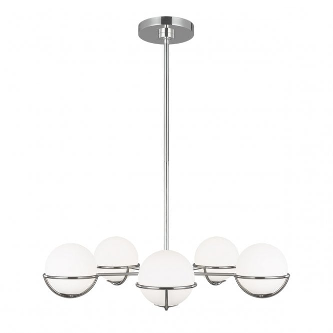 APOLLO 5 light chandelier in polished nickel with opal glass globe shades