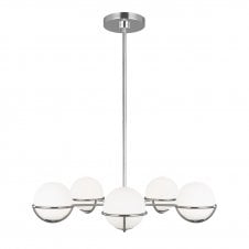 APOLLO 5 light chandelier in polished nickel with opal glass globe shades