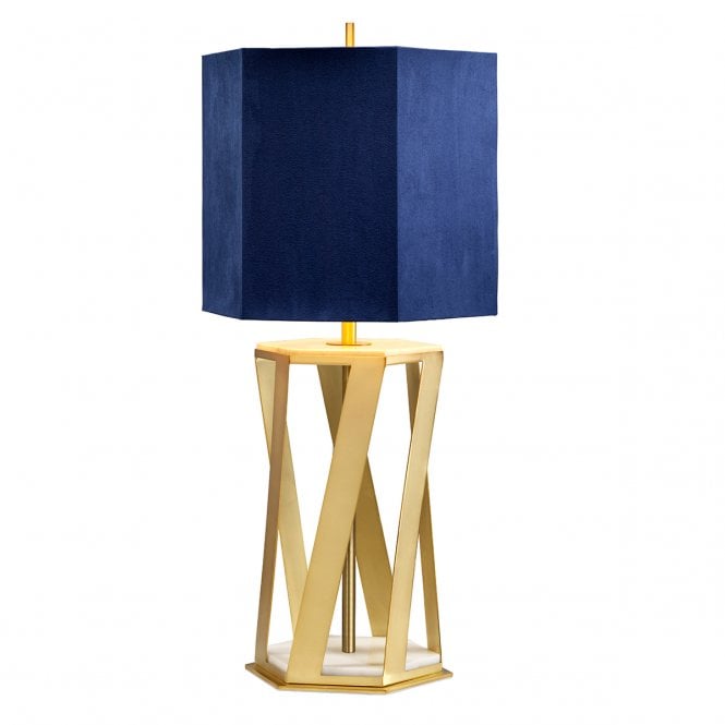 APOLLO brushed brass angular table lamp with blue faux silk shade