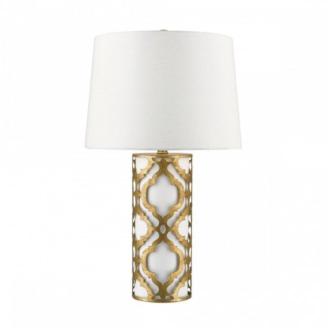 ARABELLA distressed gold filigree table lamp with white inner and shade