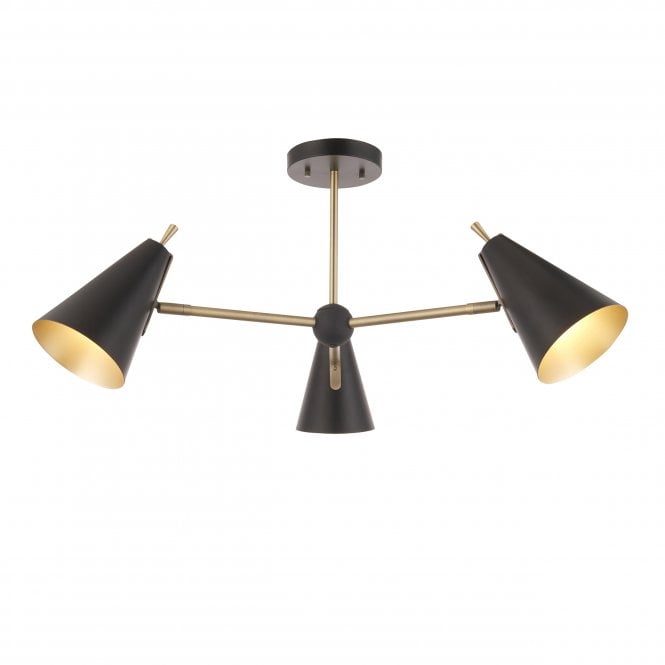 ARCHIE 3 Light Semi Flush Ceiling Pendant in Matt Antique Brass with Matt Black