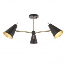 ARCHIE 3 Light Semi Flush Ceiling Pendant in Matt Antique Brass with Matt Black