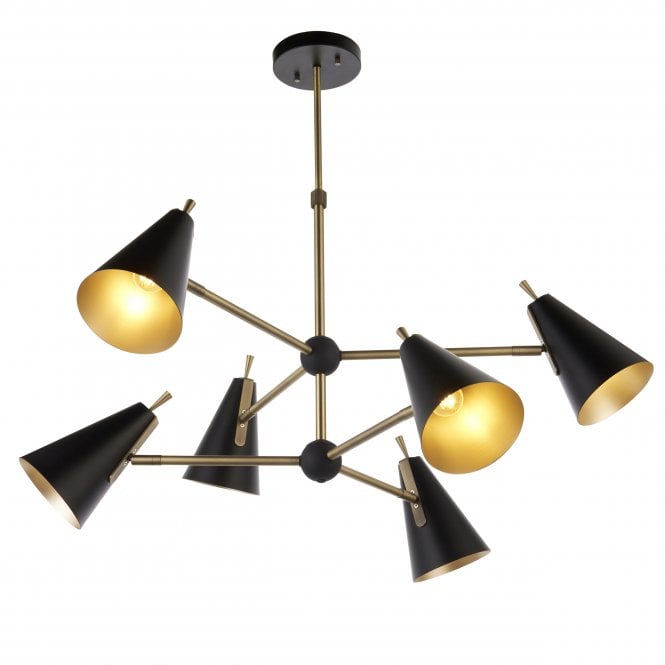 ARCHIE 6 Light Ceiling Pendant in Matt Black & Antique Brass Plate