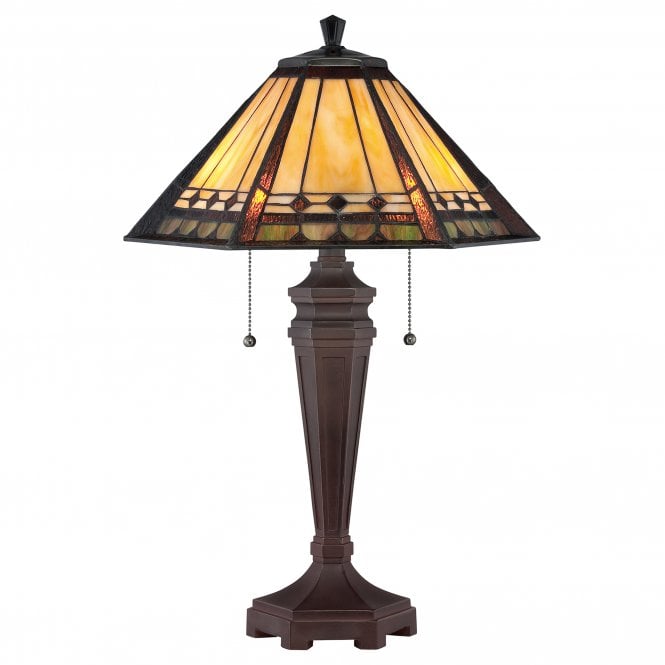 ARDEN Tiffany table lamp with bronze base and amber, copper and pale green art glass shade