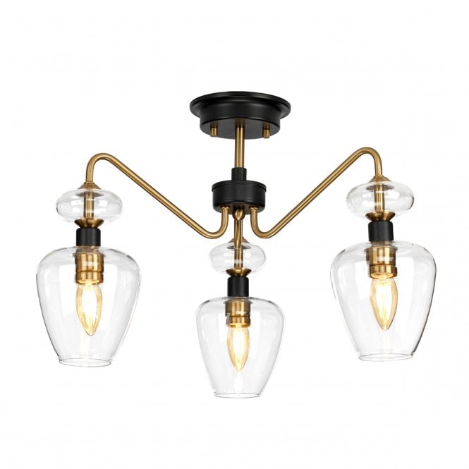 ARMAND 3 Light Semi-Flush in Charcoal and Aged Brass with Clear Brandy Glass Shades