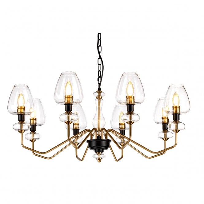 ARMAND 8 Light Chandelier with glass shades, refined luxury with contrasting Aged Brass and charcoal grey