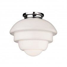 ART Deco Acorn Flush Ceiling Fitting Chrome with Opal White Glass